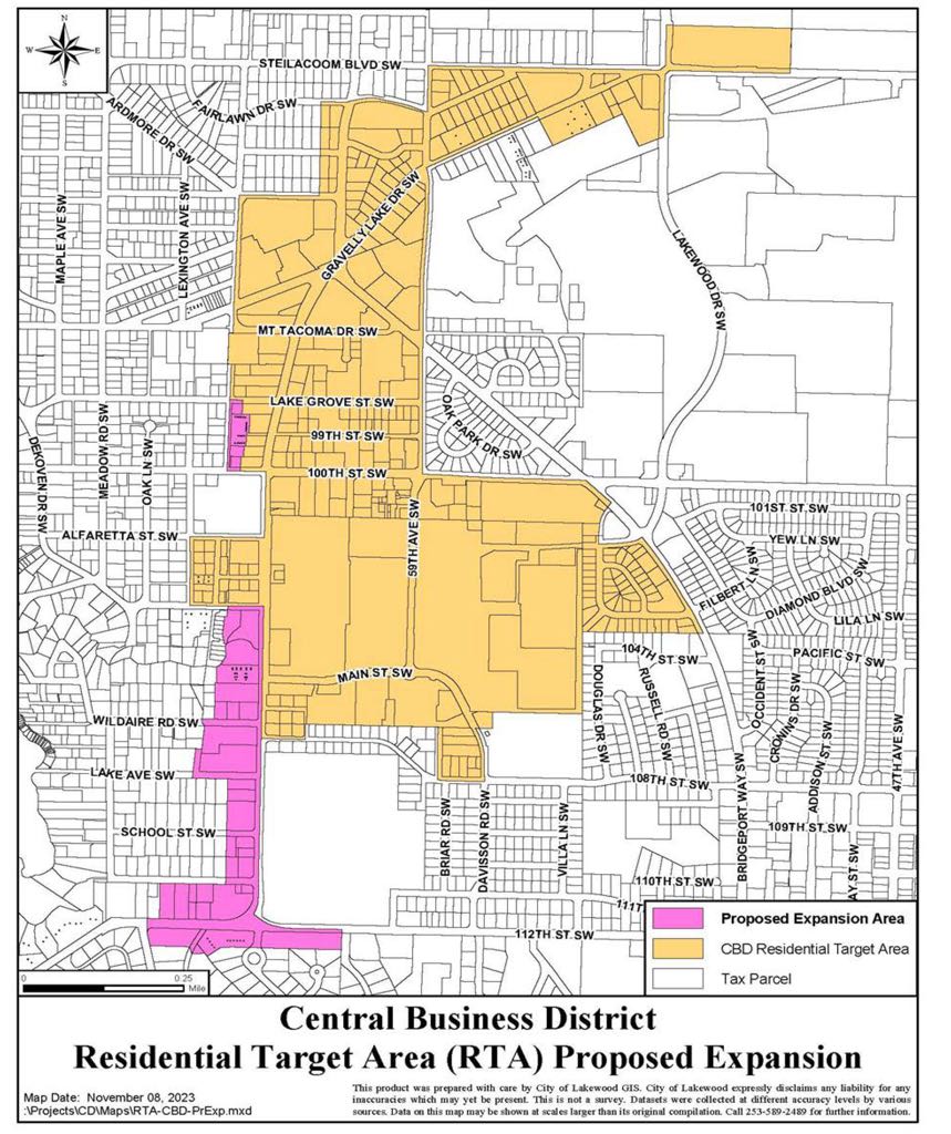 Map of the downtown subarea with a purple area highlighted to show the area for tax exemption