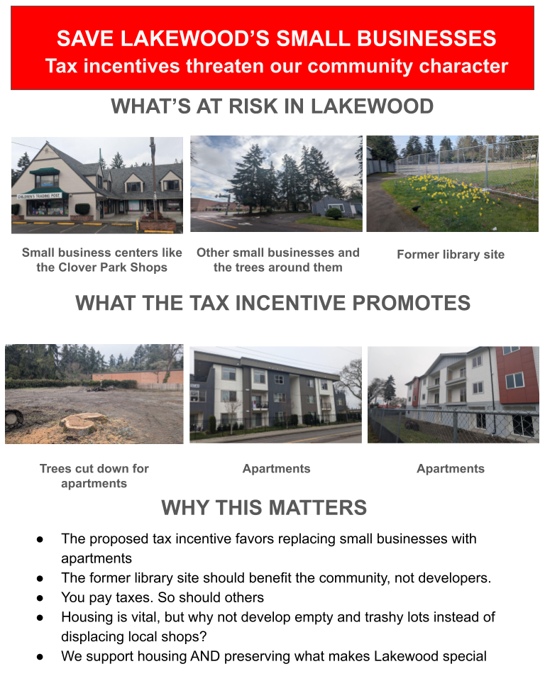 infographic with images of threatened sites of small businesses and the former library and examples of box apartments going up around town
